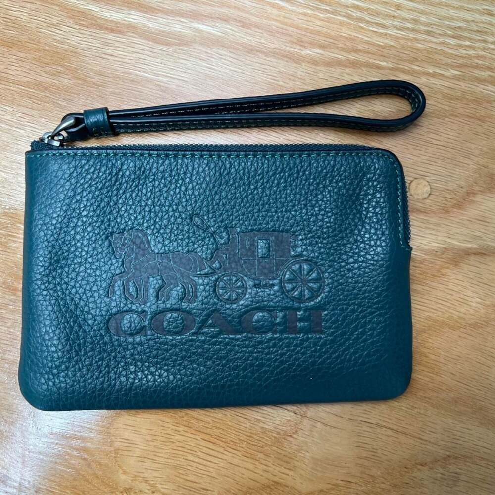 Coach Horse and Carriage Pebbled Leather Wristlet Dark Green